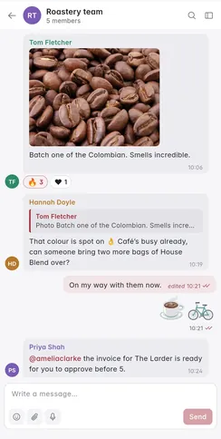A group chat on a phone, with photos and reactions