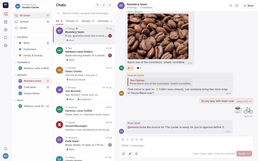 The chat list with folders and an open conversation